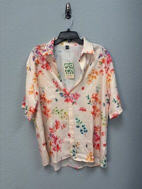NWT ALOHAHOO Vibrant Floral M’s Lg Wrinkle Resistant Casual Button Down Shirt